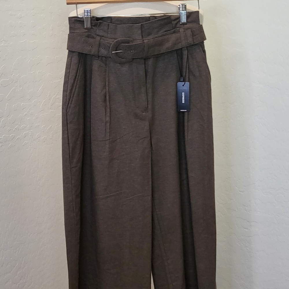 Express Olive Green Linen Blend Paper bag High Waist Pants